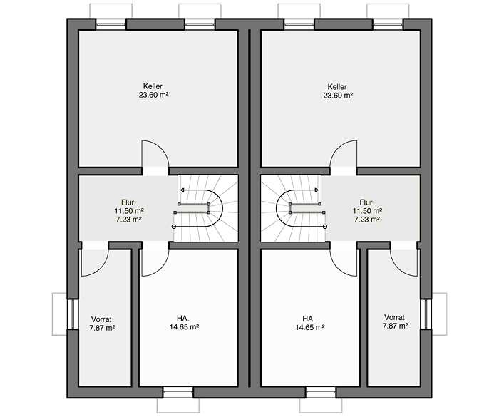 Fertighaus Doppelhaus Gemello PD 236 Grundriss KG