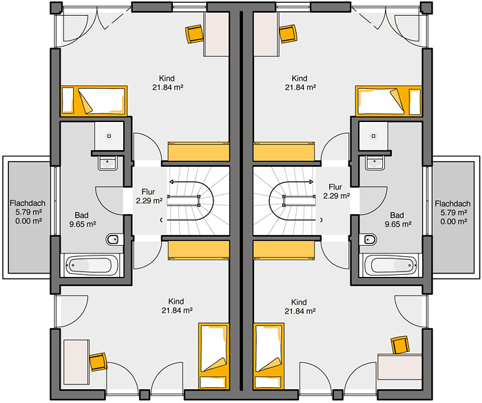 Fertighaus Doppelhaus Gemello PD 236 Grundriss OG