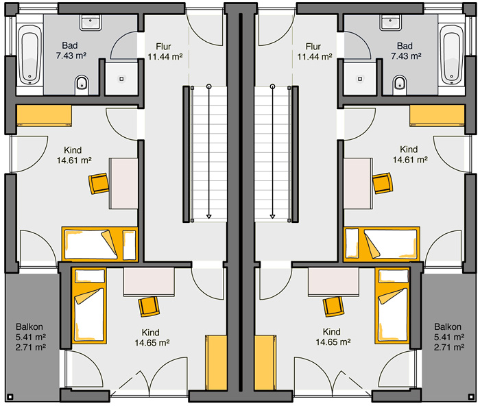 Fertighaus Doppelhaus Gemello PD 212 Grundriss OG