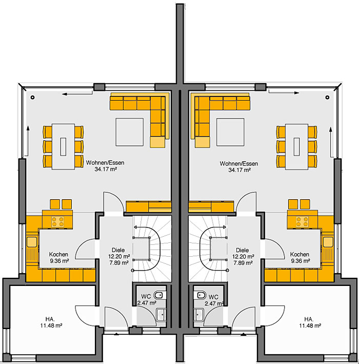 Fertighaus Doppelhaus Gemello FD 280 Grundriss EG