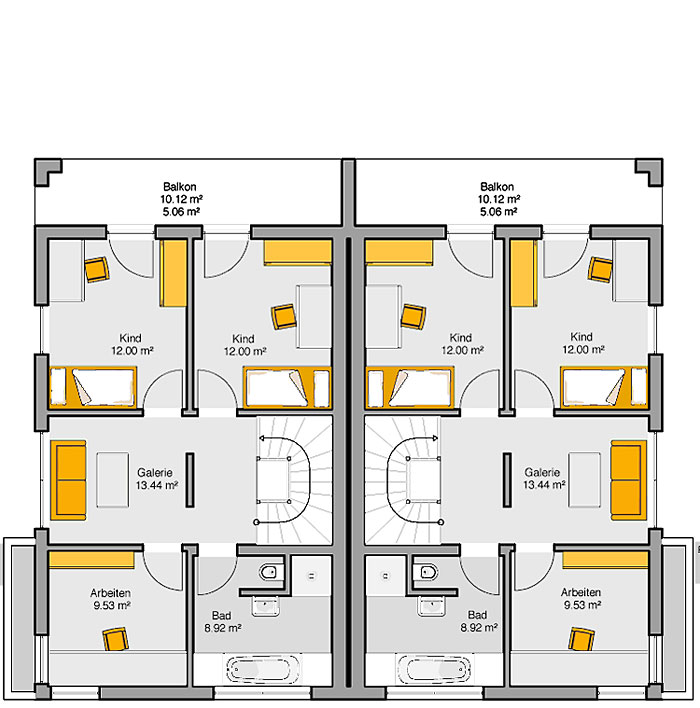Fertighaus Doppelhaus Gemello FD 280 Grundriss OG 1