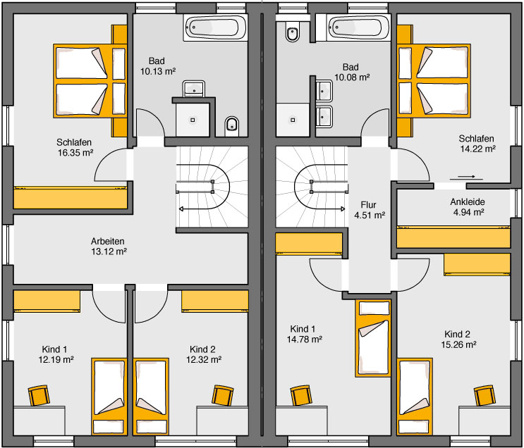 Fertighaus Doppelhaus Gemello SD 134 Grundriss OG