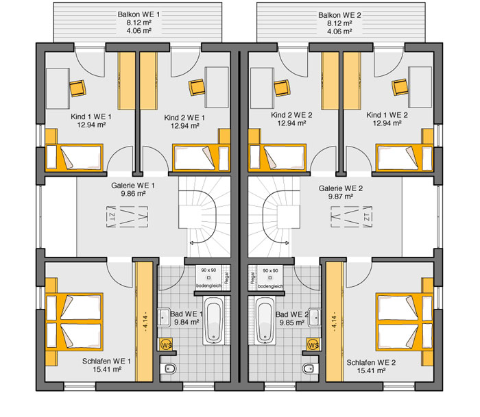 Fertighaus Doppelhaus Gemello SD 215 Grundriss OG