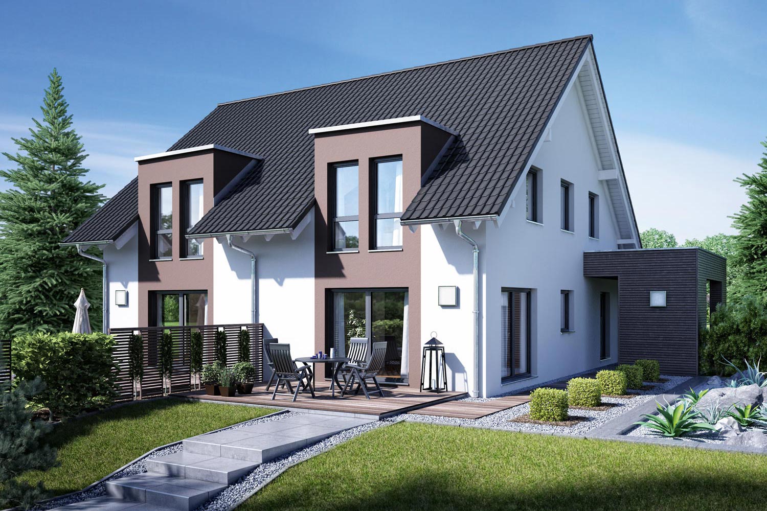 Das komfortable und raumsparende Doppelhaus Gemello SD 136 bietet Platz für zwei Familien. Auf minimaler Baufläche wird der Wohnraum optimal ausgenutzt. Das Satteldach-Doppelhaus verfügt über eine markante Gaube.