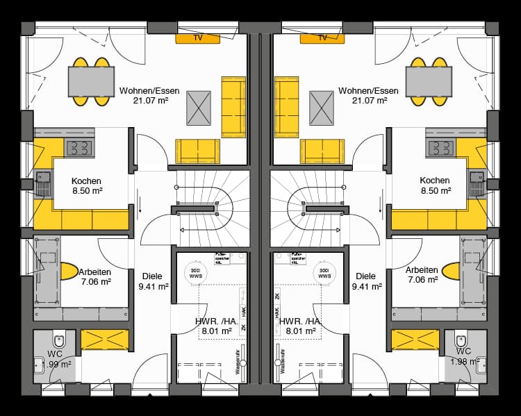 Fertighaus Doppelhaus Gemello SD 117 Grundriss EG