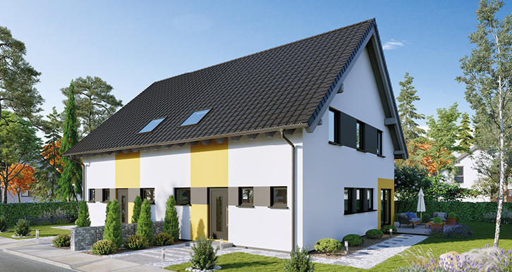 Das Fertighaus Gemello SD 117 besticht mit seinem modernen Wohngefühl. Das Doppelhaus setzt außen auf farbige Akzente und das klassische Satteldach. Im Innenbereich sind die Räume gemütlich und kommunikativ durch die offene Raumgestaltung.