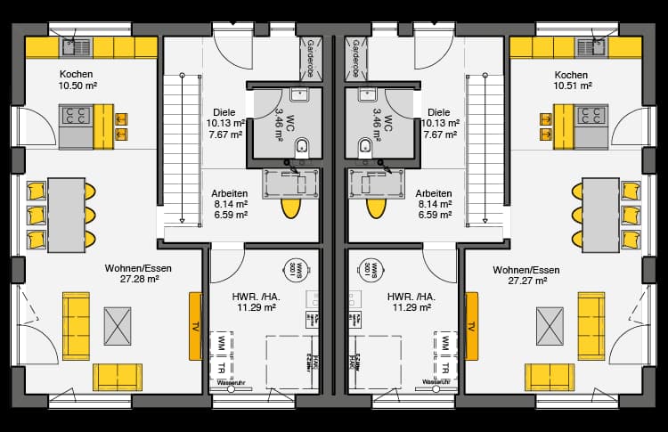 Fertighaus Doppelhaus Gemello SD 135 Grundriss EG