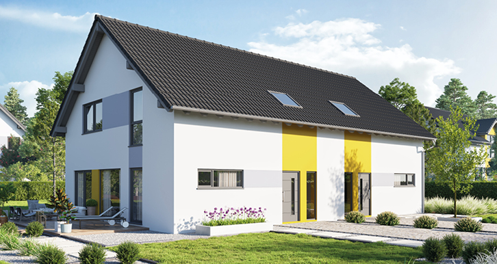 Das individuelle Fertighaus Gemello SD 135 hat im Innenbereich offene und großzügig geschnittene Räume zu bieten. Von außen hat das familienfreundliche Architektenhaus mit Satteldach hellgraue und leuchtend gelbe Putzflächen.