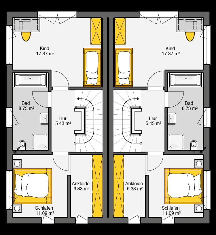 Fertighaus Doppelhaus Gemello SD 147 Grundriss OG