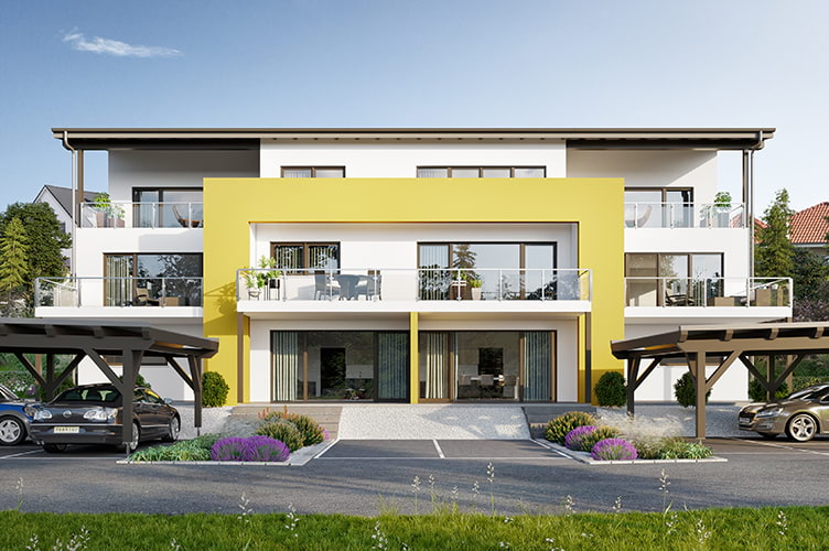 Das moderne Mehrfamilienhaus Cervino VI bietet großzügigen Wohnraum für acht Parteien. Das Leben spielt sich auf drei Stockwerken ab, die jeweils unterschiedlichste Wohnungen bieten - von 68,80 m2 und 108,80 m2.