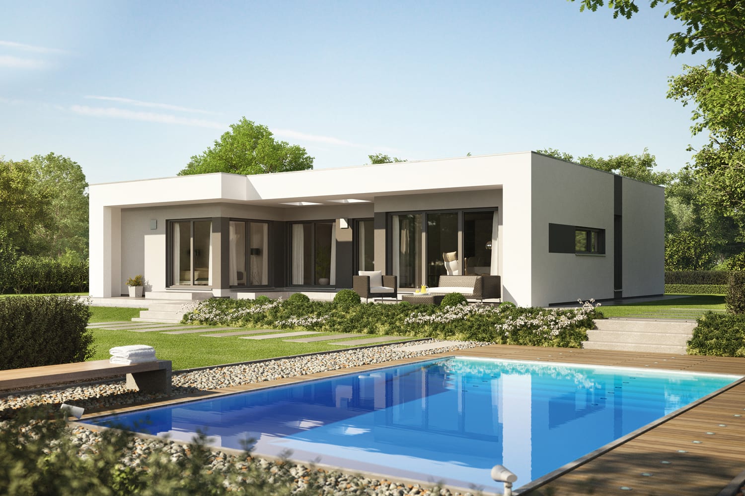 Der moderne Bungalow Finess 118 ermöglicht komfortables Wohnen auf einer Ebene. Das stylische und geradlinige Äußere zieht sich auch durch den Innenbereich: vom überdachten Eingangsbereich über die geräumige Diele bis hin zur Lichtkuppel.