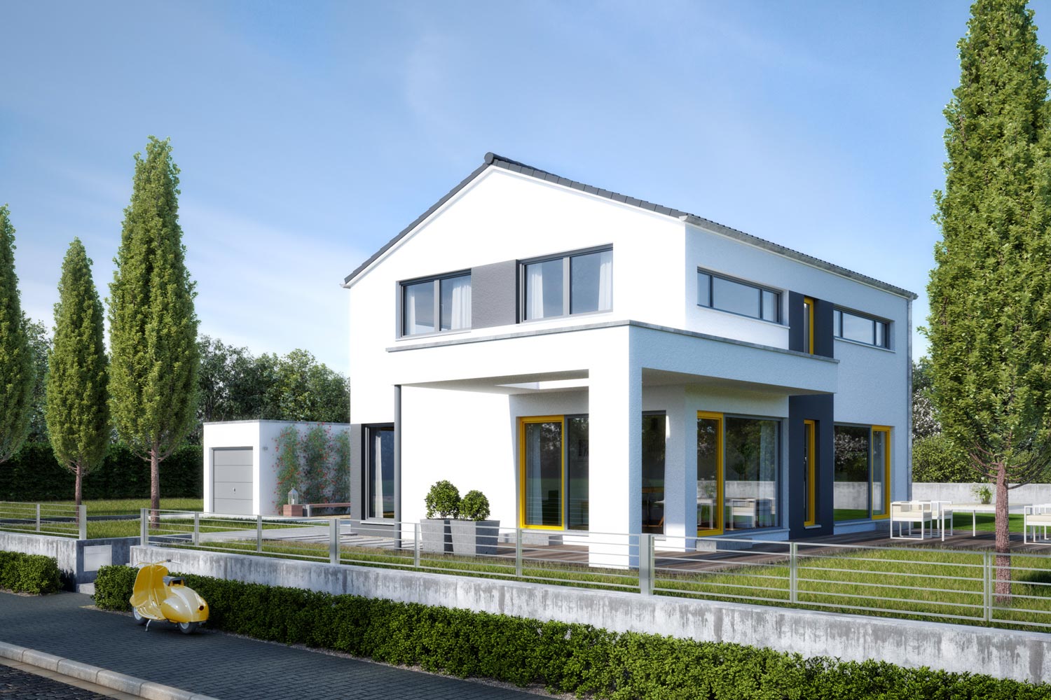 Das puristische Architektenhaus Deniro 135 verleiht der schlichten Architektur mit den gelben Akzenten ein besonderes Äußeres. Der überdachte Eingangsbereich führt in die helle Diele mit geradläufiger Treppe ins Obergeschoss.