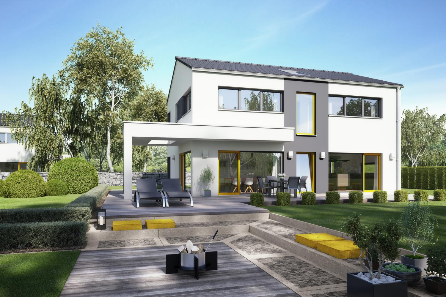 Beim Architektenhaus Deniro 155 wird Simplizität und Eleganz miteinander vereint. Das modern puristische Fertighaus von Büdenbender überzeugt mit seiner Schlichtheit und ist der perfekte Rückzugsort für Entspannung und Wohlbefinden.