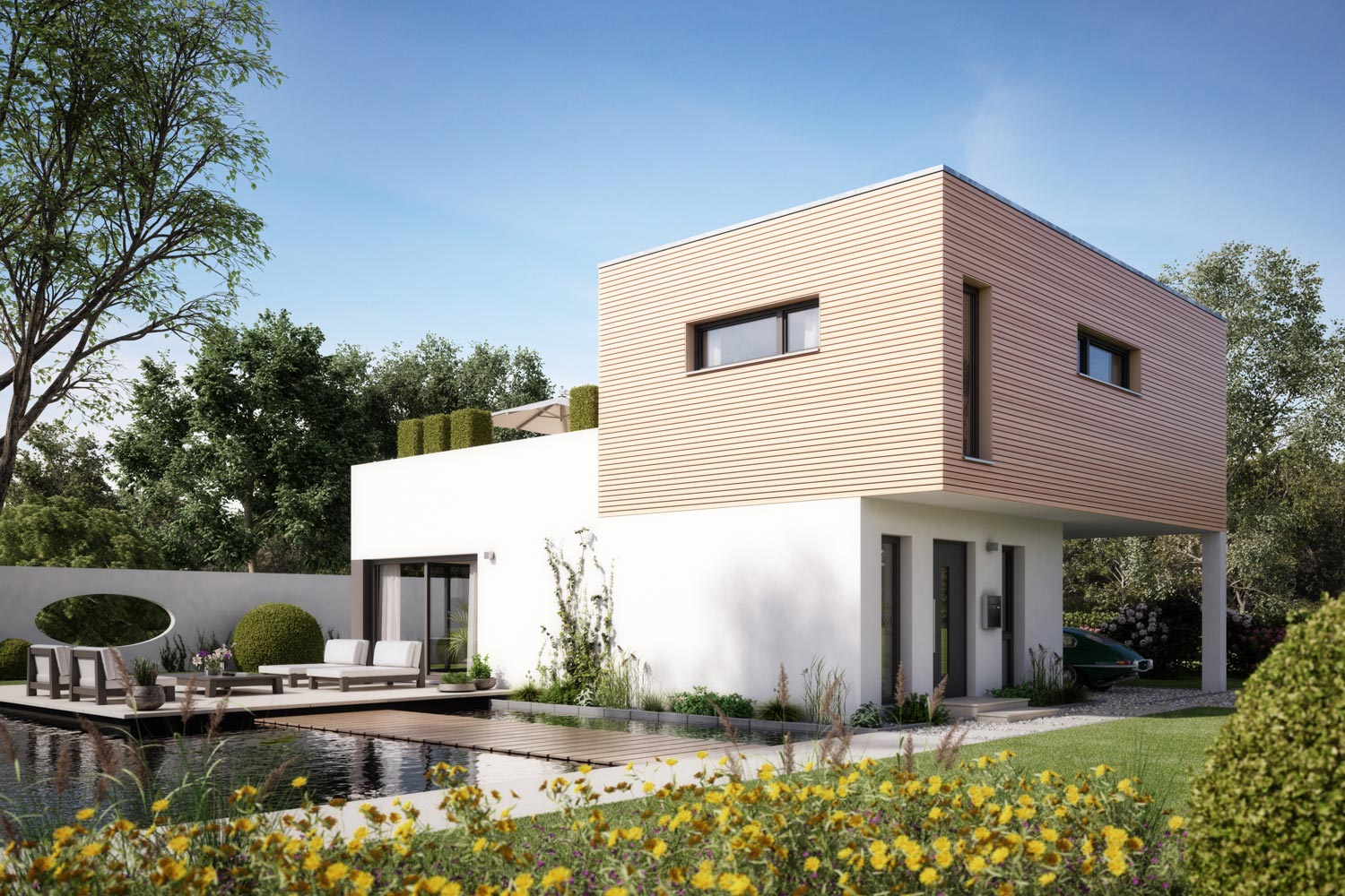 Das Architektenhaus Uno 101 mit Penthouse-Architektur ist im klassisch-modernen Stil gehalten. Die zwei versetzten Kuben und die große Dachterrasse kennzeichnen das Haus. Die klaren Strukturen setzen sich auch in der Grundrissgestaltung fort.