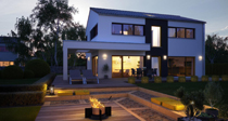 Architektenhaus Vitalis 135, puristisches Fertighaus von Büdenbender, Außenansicht bei Nacht
