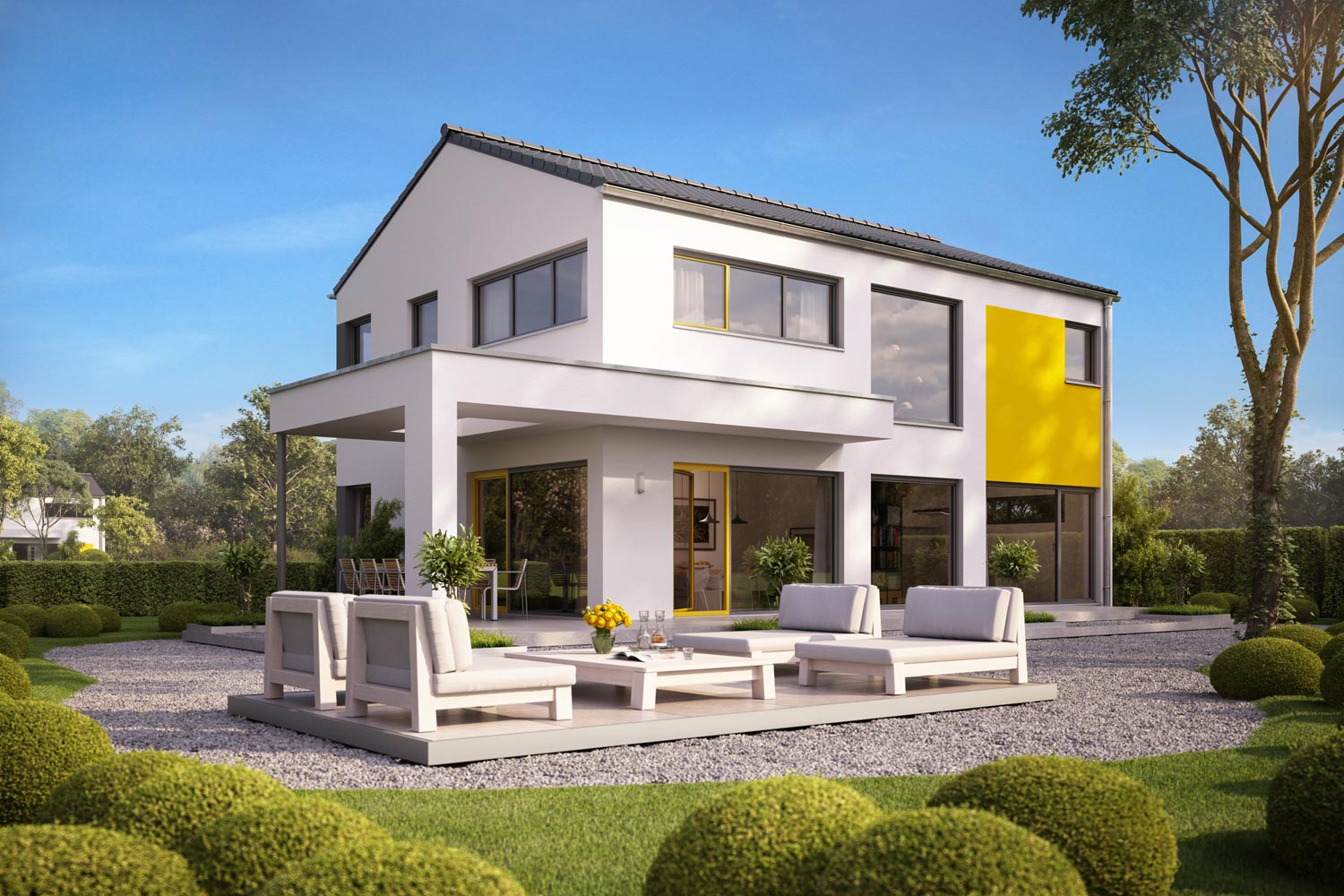 Das Architektenhaus Vitalis 155 konzentriert sich auf das Wesentliche und sorgt mit seinem hellen und schlichten Auftritt für begeisternde Blicke. Hier steht Wohnkomfort an erster Stelle. Große Fenster sorgen für lichtdurchflutete, freundliche Räume.