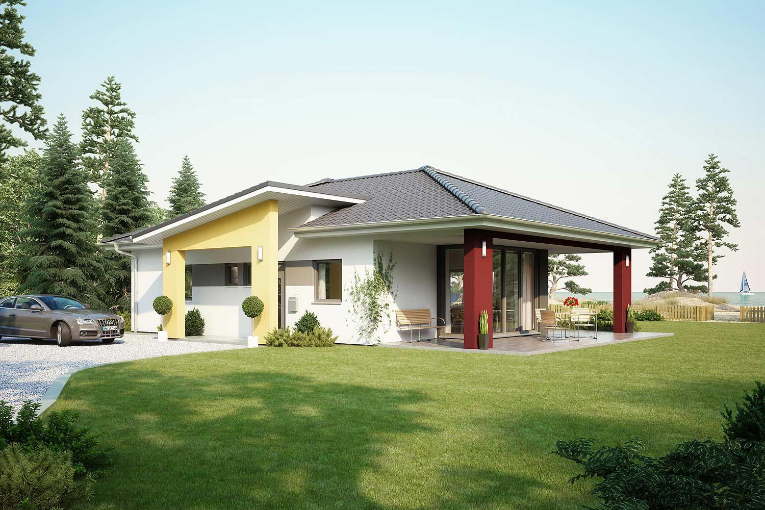 Der Bungalow Comfort ist mit seinen Farbakzenten und der außergewöhnlichen Architektur schon von außen ein richtiger Hingucker. Das Einfamilienhaus von Büdenbender überzeugt mit seiner cleveren Grundrissaufteilung.
