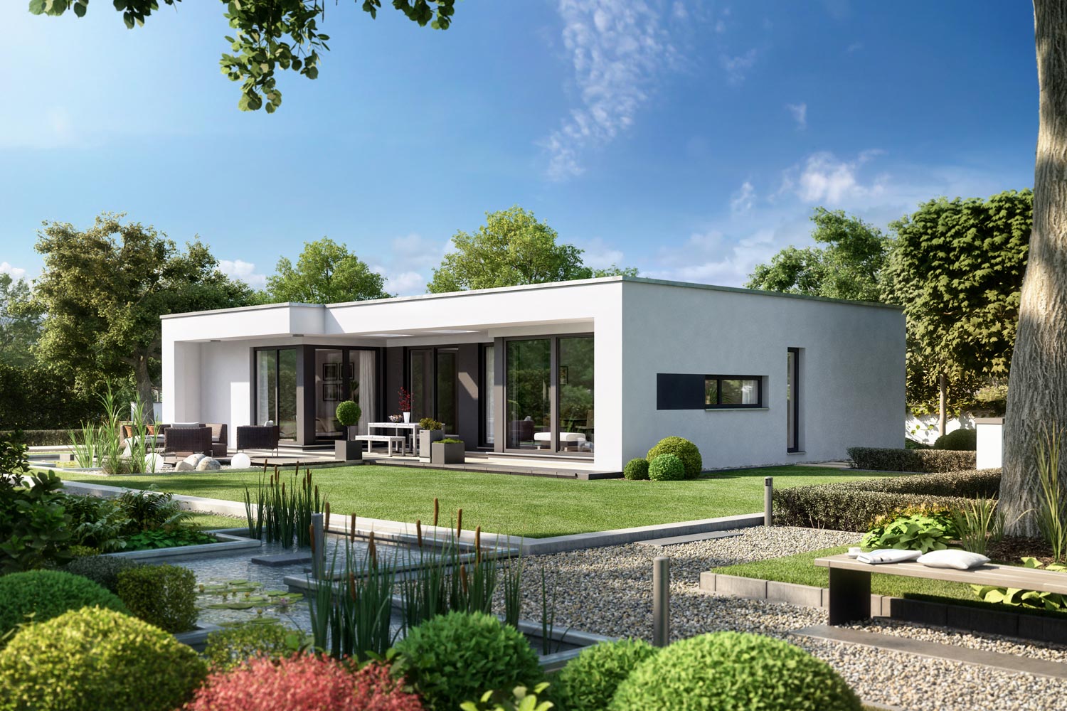 Der Bungalow Finess 135 von Büdenbender ist von A-Z gut durchdacht. Die großzügigen Räume werden vom Tageslicht geflutet und sind hochwertig ausgestattet. Der Carport ist direkt neben dem Eingangsbereich und ermöglicht einen kurzen Weg zur Haustür.